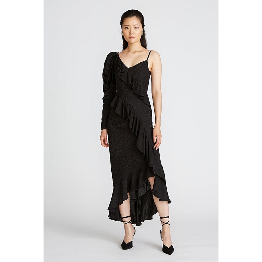 AMUR Pasqualena One-Sleeve Ruffle Leopard Jacquard Midi Dress